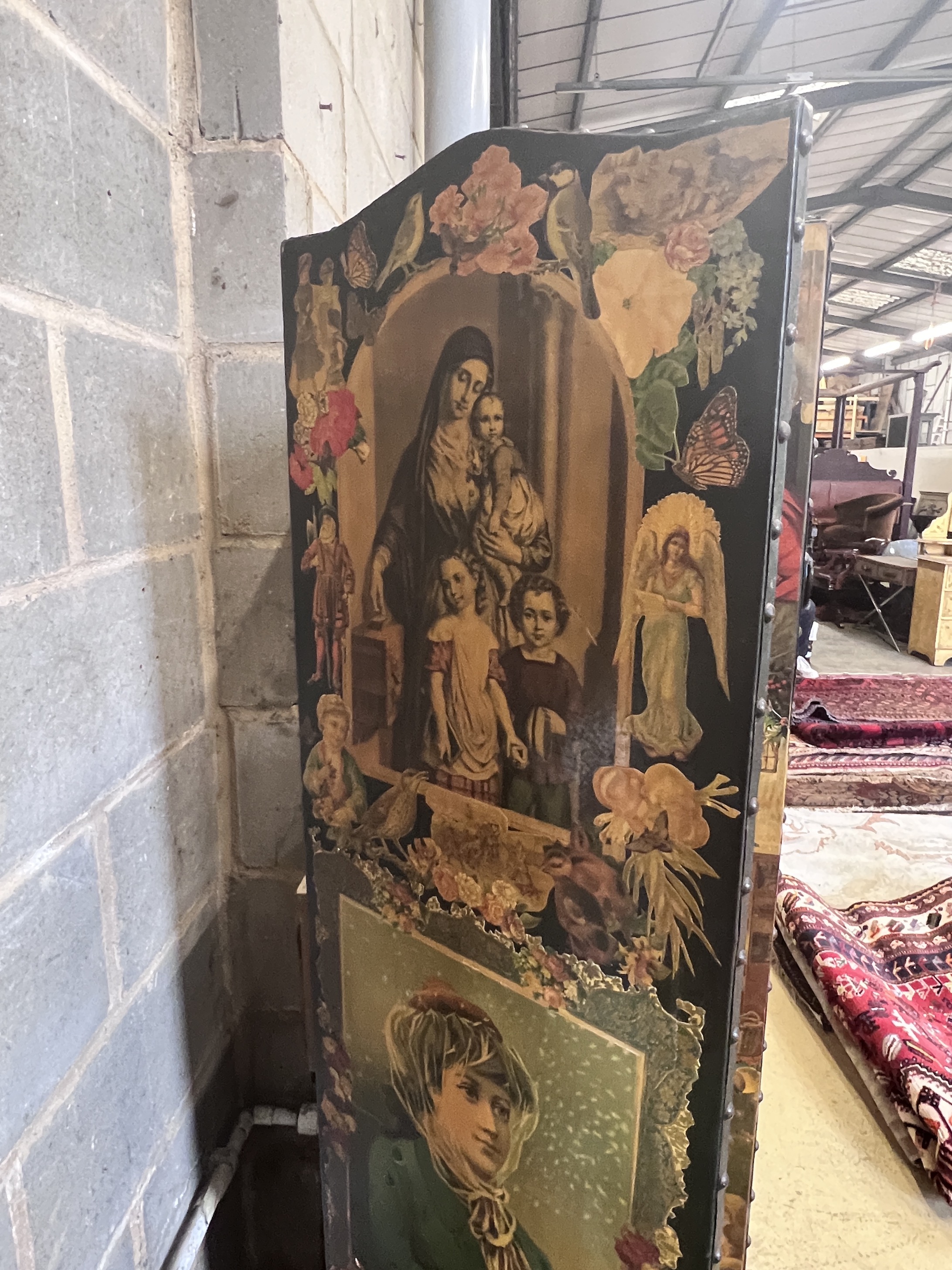 A Victorian four fold scrap work dressing screen, height 168cm